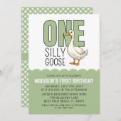 Modern Green One Silly Goose 1st Birthday  招待状 (正面/裏面)