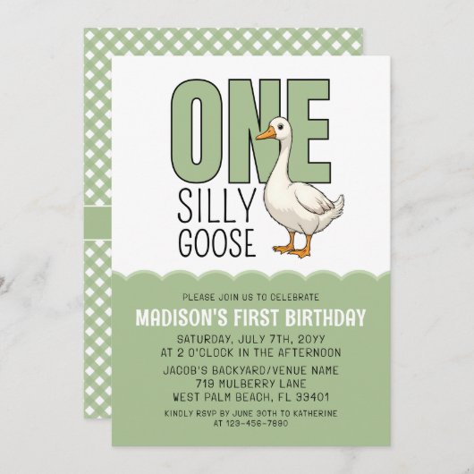 Modern Green One Silly Goose 1st Birthday  招待状 (正面/裏面)