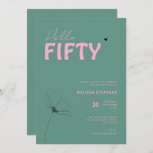 Modern Green Pink Hello Fifty Typo 50th Birthday 招待状 (正面/裏面)