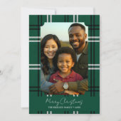 Modern Green Plaid Family Photo Holiday Greeting カード (正面)