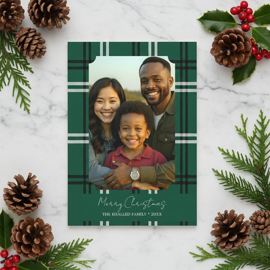 Modern Green Plaid Family Photo Holiday Greeting カード