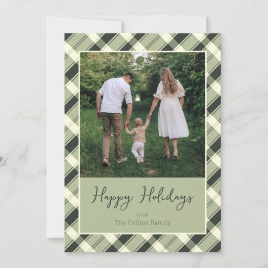 Modern Green Plaid Script Photo Happy Holidays シーズンカード (正面)