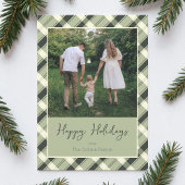 Modern Green Plaid Script Photo Happy Holidays シーズンカード