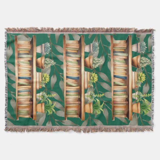 Modern Green Plant Shelf Reading Books スローブランケット (正面)