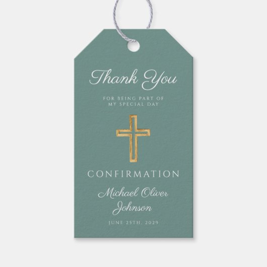 Modern Green Religious Cross Boy Confirmation ギフトタグ (正面)