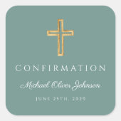 Modern Green Religious Cross Boy Confirmation スクエアシール (正面)