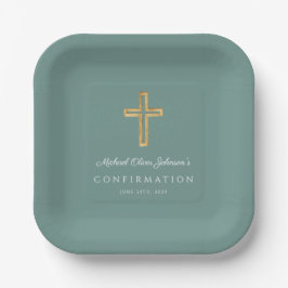 Modern Green Religious Cross Boy Confirmation ペーパープレート