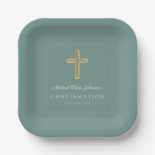 Modern Green Religious Cross Boy Confirmation ペーパープレート (正面)