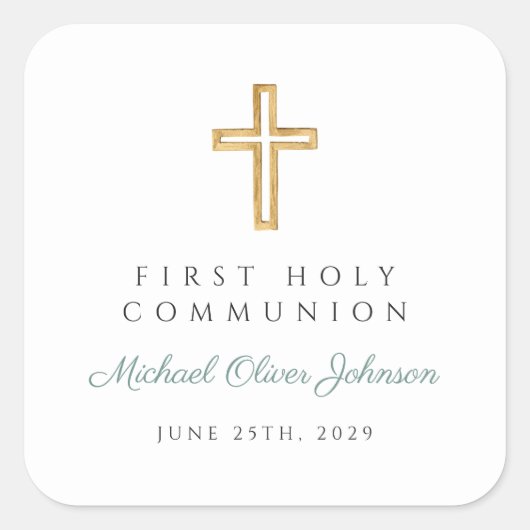 Modern Green Religious Cross Boy First Communion スクエアシール (正面)