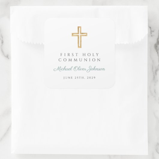 Modern Green Religious Cross Boy First Communion スクエアシール (バッグ)