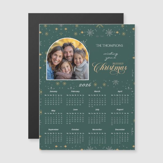 Modern Green Snowflake Photo 2026 Calendar Card (正面/裏面)