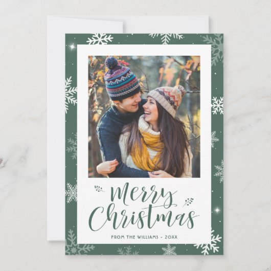 Modern Green Snowflake Photo Christmas Card シーズンカード (正面)