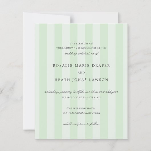 Modern Green Stripes Elegant Budget Wedding Invite (正面)
