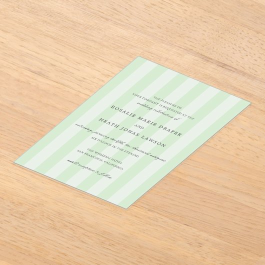 Modern Green Stripes Elegant Wedding アクリル招待状 (レイダウン)