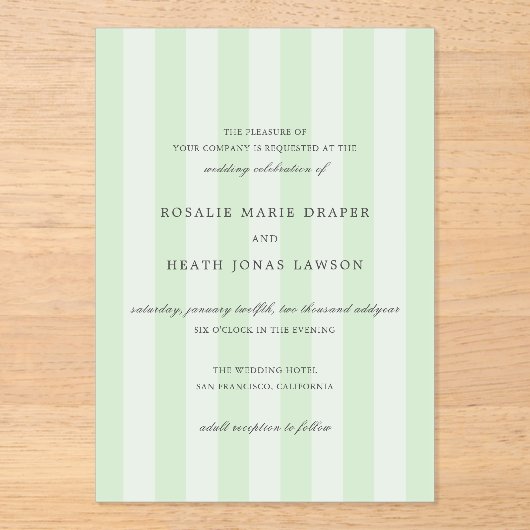 Modern Green Stripes Elegant Wedding アクリル招待状 (正面)