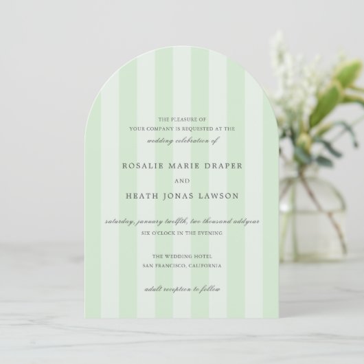 Modern Green Stripes Elegant Wedding 招待状 (スタンド正面)