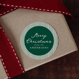 Modern Green Stripes Merry Christmas ラウンドシール