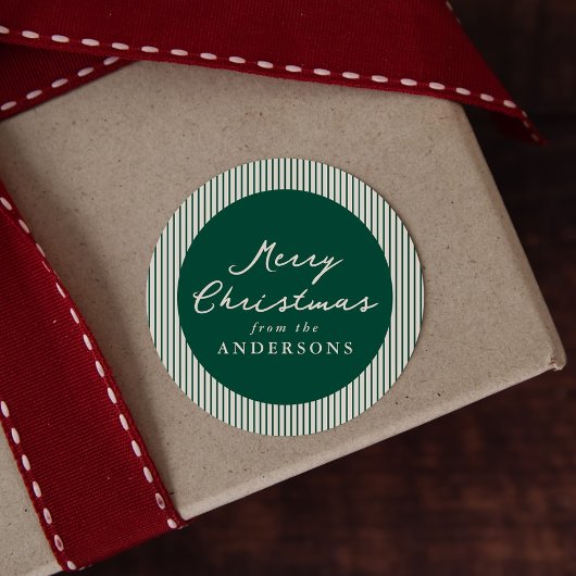 Modern Green Stripes Merry Christmas ラウンドシール