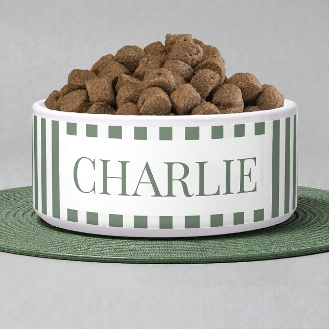 Modern Green Stripes Pattern Personalized Dog Pet ボウル (Modern Green Stripes Pattern Personalized Dog Pet Bowl)