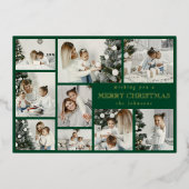 Modern Green Stylish Multi Photo Grid Holiday Card 箔シーズンカード (正面)