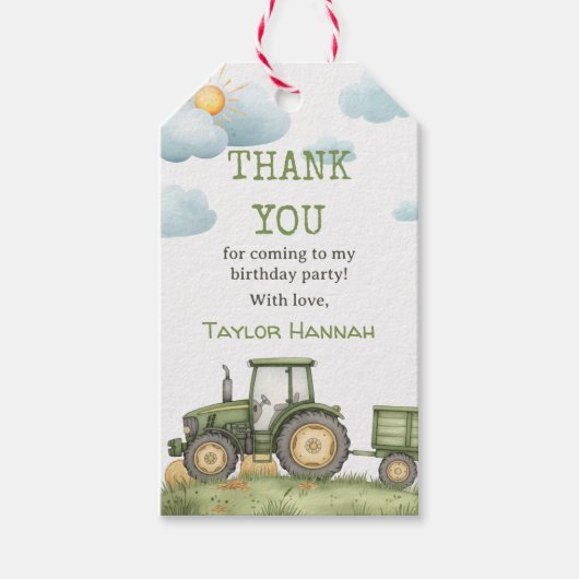 Modern Green Tractor 1st Birthday Party ギフトタグ (正面)