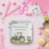Modern Green Tractor 1st Birthday Party ペーパープレート (パーティー)