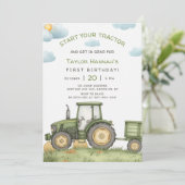 Modern Green Tractor 1st Birthday Party 招待状 (スタンド正面)