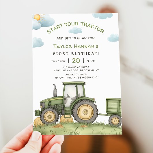 Modern Green Tractor 1st Birthday Party 招待状