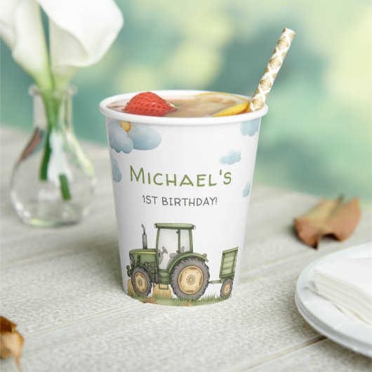 Modern Green Tractor 1st Birthday Party 紙コップ (インサイチュ)