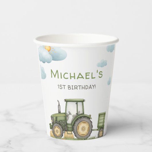 Modern Green Tractor 1st Birthday Party 紙コップ (裏面)