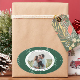 Modern Green Tree Family Photo Holiday 楕円形シール
