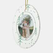 Modern Green Tree Family Photo Oval Holiday セラミックオーナメント (左)