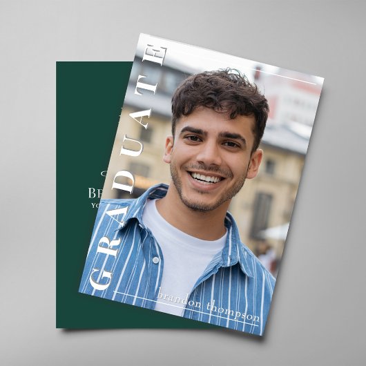 Modern Green Vertical Name Graduation Photo Card 招待状