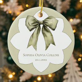 Modern Green Watercolor Bow Personalized Baby Name セラミックオーナメント