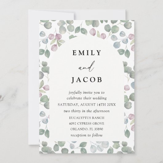 Modern Green Watercolor Eucalyptus Wedding 招待状 (正面)