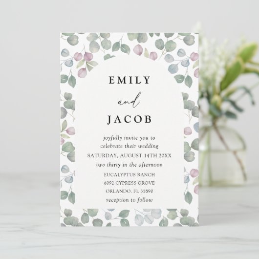 Modern Green Watercolor Eucalyptus Wedding 招待状 (スタンド正面)