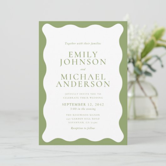 Modern Green Wavy Frame Wedding Invitation 招待状 (スタンド正面)