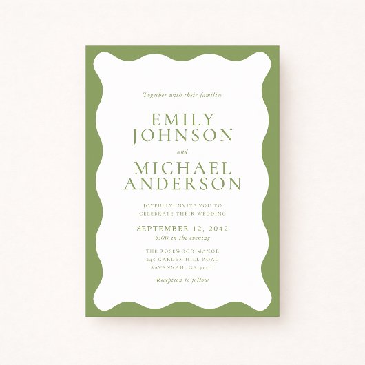 Modern Green Wavy Frame Wedding Invitation 招待状