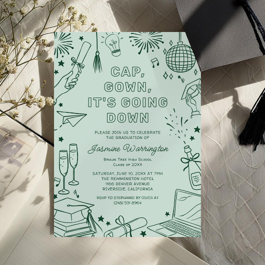 Modern Green Whimsical Doodle Graduation 招待状