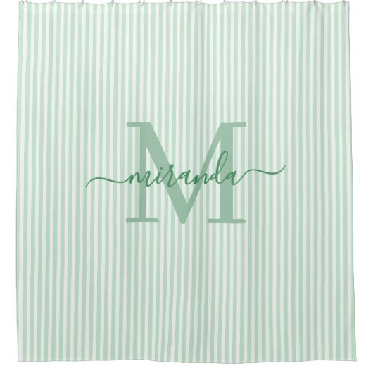 Modern Green & White Stripes Monogram Name シャワーカーテン (正面)