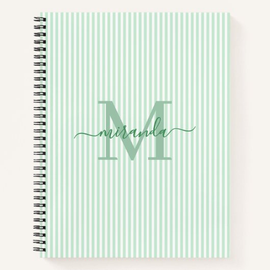 Modern Green & White Stripes Monogram Name ノートブック (正面)