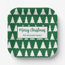 Modern Green White Tree Pattern Christmas Party ペーパープレート