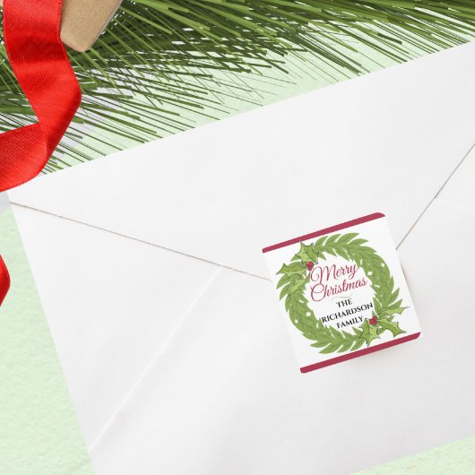 Modern Green Wreath Merry Christmas Personalized スクエアシール