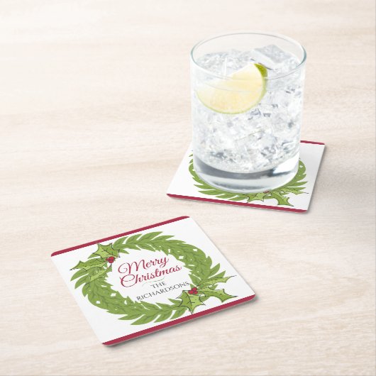 Modern Green Wreath Merry Christmas Personalized スクエアペーパーコースター (インサイチュ)