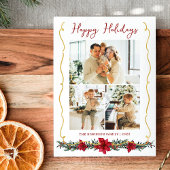 Modern Greenery Gold Happy Holidays 3 Photo シーズンカード