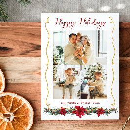 Modern Greenery Gold Happy Holidays 3 Photo シーズンカード