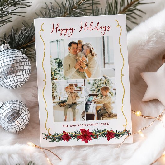 Modern Greenery Gold Happy Holidays 3 Photo シーズンカード