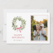 Modern Greenery Wreath & Bow Photo Holiday Card シーズンカード (正面)
