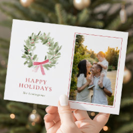 Modern Greenery Wreath & Bow Photo Holiday Card シーズンカード