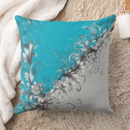 Modern Grey and Turquoise Decorative Silver Pillow クッション (ブランケット)